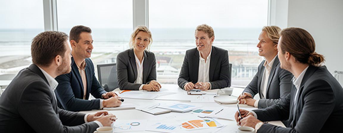 Adviseurs bespreken een groeiplan aan een tafel met documenten en grafieken in een modern kantoor in Zeeland