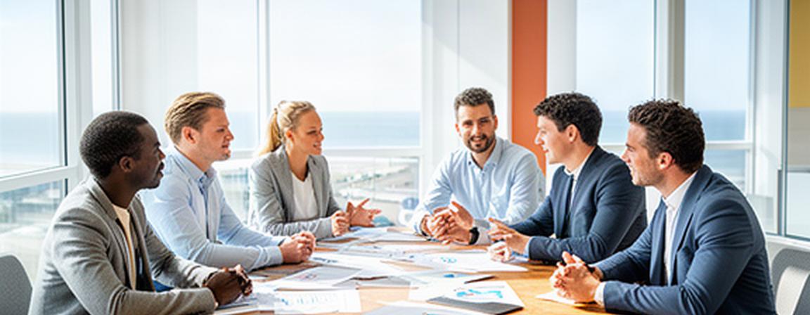 Adviesgesprek met consultants aan een houten tafel in een lichte kantoorruimte in Zeeland